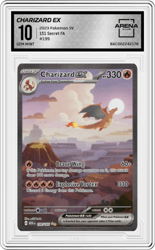 Charizard ex from the 2023 Pokemon SV set graded by Arena Club and given an overall grade of 10.