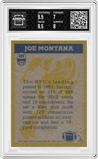 Joe Montana from the 1982 Topps set graded by Arena Club and given an overall grade of 7.5.