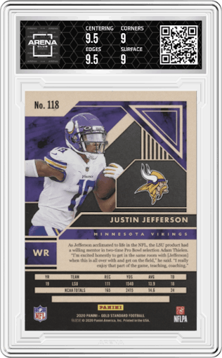 Justin Jefferson from the 2020 Panini Gold Standard set graded by Arena Club and given an overall grade of 9.5.