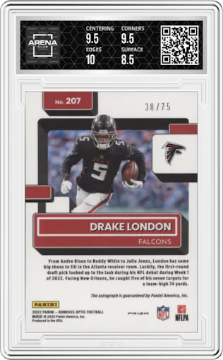 Drake London from the 2022 Panini Donruss Optic set featuring a Red parallel graded by Arena Club and given an overall grade of 9.