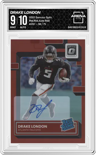 Drake London from the 2022 Panini Donruss Optic set featuring a Red parallel graded by Arena Club and given an overall grade of 9.
