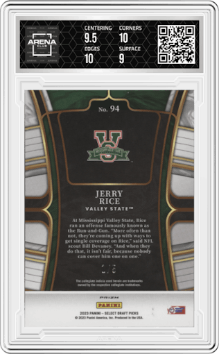 Jerry Rice from the 2023 Panini Select Draft Picks set featuring a Green Prizm parallel graded by Arena Club and given an overall grade of 9.5.