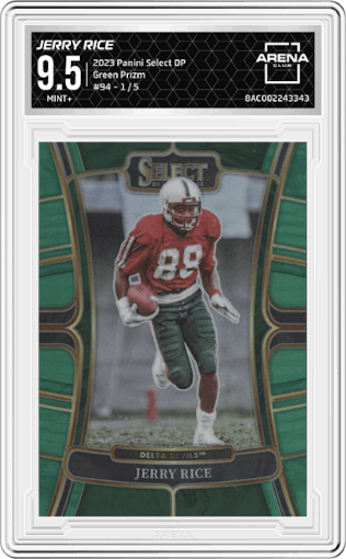 Jerry Rice from the 2023 Panini Select Draft Picks set featuring a Green Prizm parallel graded by Arena Club and given an overall grade of 9.5.