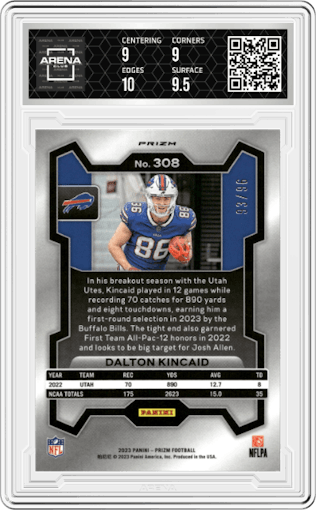 Dalton Kincaid from the 2023 Panini Prizm set featuring a Blue Sparkle parallel graded by Arena Club and given an overall grade of 9.5.