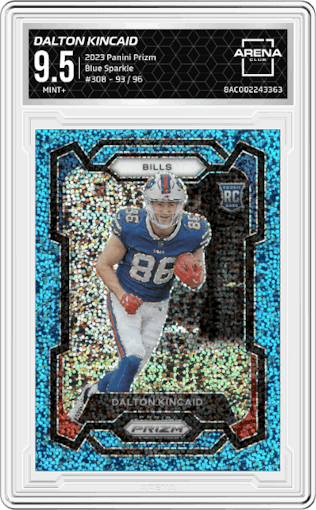 Dalton Kincaid from the 2023 Panini Prizm set featuring a Blue Sparkle parallel graded by Arena Club and given an overall grade of 9.5.