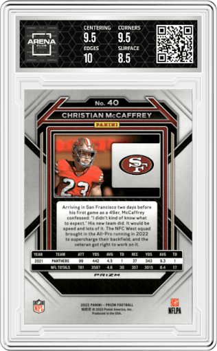 Christian McCaffrey from the 2022 Panini Prizm set featuring a Red Sparkle parallel graded by Arena Club and given an overall grade of 9.
