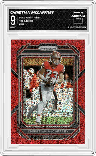 Christian McCaffrey from the 2022 Panini Prizm set featuring a Red Sparkle parallel graded by Arena Club and given an overall grade of 9.
