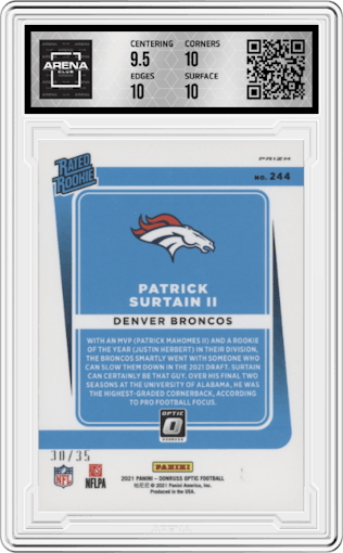 Patrick Surtain II from the 2021 Panini Donruss Optic set featuring a Lime Green parallel graded by Arena Club and given an overall grade of 10.