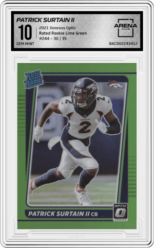 Patrick Surtain II from the 2021 Panini Donruss Optic set featuring a Lime Green parallel graded by Arena Club and given an overall grade of 10.