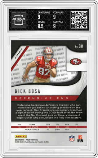 Nick Bosa from the 2019 Panini Prizm set featuring a Red Ice parallel graded by Arena Club and given an overall grade of 9.