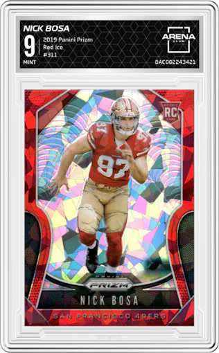 Nick Bosa from the 2019 Panini Prizm set featuring a Red Ice parallel graded by Arena Club and given an overall grade of 9.