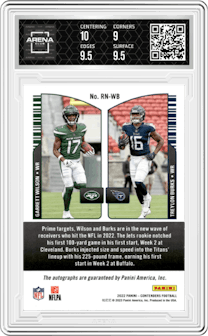Garrett Wilson/Treylon Burks from the 2022 Panini Contenders set featuring a Gold parallel graded by Arena Club and given an overall grade of 9.5.