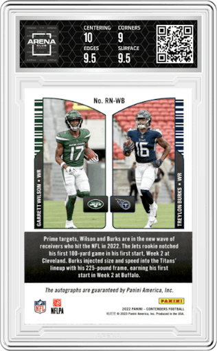 Garrett Wilson/Treylon Burks from the 2022 Panini Contenders set featuring a Gold parallel graded by Arena Club and given an overall grade of 9.5.