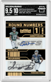 Garrett Wilson/Treylon Burks from the 2022 Panini Contenders set featuring a Gold parallel graded by Arena Club and given an overall grade of 9.5.