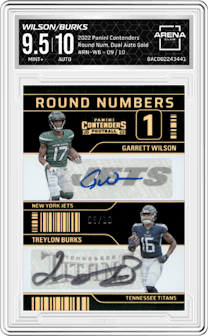 Garrett Wilson/Treylon Burks from the 2022 Panini Contenders set featuring a Gold parallel graded by Arena Club and given an overall grade of 9.5.
