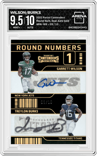 Garrett Wilson/Treylon Burks from the 2022 Panini Contenders set featuring a Gold parallel graded by Arena Club and given an overall grade of 9.5.