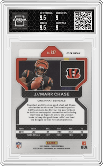 Ja'Marr Chase from the 2021 Panini Prizm set featuring a Disco parallel graded by Arena Club and given an overall grade of 9.5.
