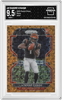 Ja'Marr Chase from the 2021 Panini Prizm set featuring a Disco parallel graded by Arena Club and given an overall grade of 9.5.