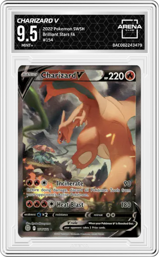 Charizard V from the 2022 Pokemon SWSH set graded by Arena Club and given an overall grade of 9.5.