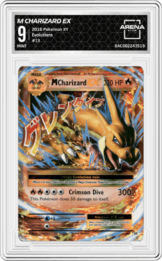 M Charizard EX from the 2016 Pokemon XY set graded by Arena Club and given an overall grade of 9.