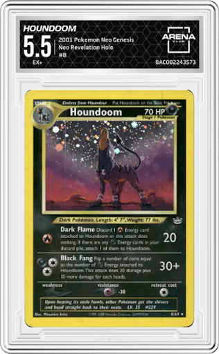 Houndoom from the 2001 Pokemon Neo Genesis set graded by Arena Club and given an overall grade of 5.5.