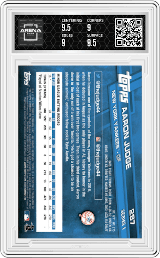 Aaron Judge from the 2017 Topps Series 1 set graded by Arena Club and given an overall grade of 9.5.