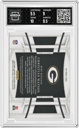 Christian Watson from the 2022 Panini National Treasures set graded by Arena Club and given an overall grade of 9.5.