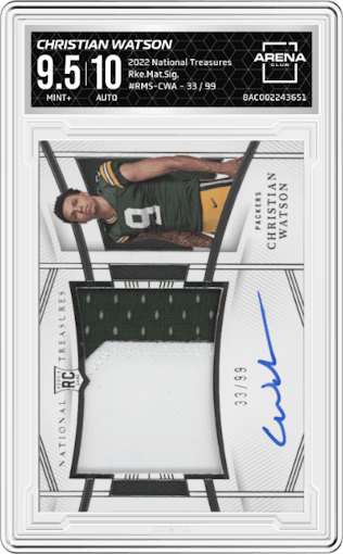 Christian Watson from the 2022 Panini National Treasures set graded by Arena Club and given an overall grade of 9.5.