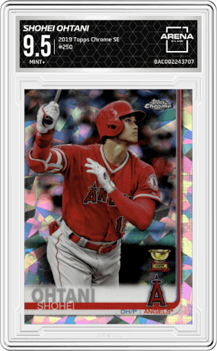 Shohei Ohtani from the 2019 Topps Chrome Sapphire Edition set graded by Arena Club and given an overall grade of 9.5.