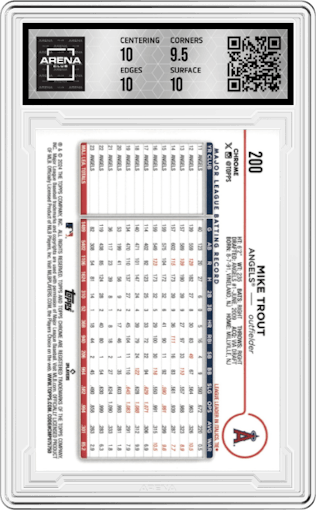 Mike Trout  from the 2024 Topps Chrome set featuring a Green Speckle Refractor parallel graded by Arena Club and given an overall grade of 10.