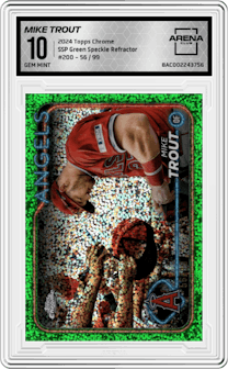 Mike Trout  from the 2024 Topps Chrome set featuring a Green Speckle Refractor parallel graded by Arena Club and given an overall grade of 10.
