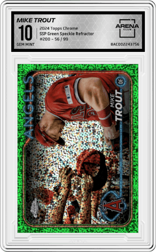 Mike Trout  from the 2024 Topps Chrome set featuring a Green Speckle Refractor parallel graded by Arena Club and given an overall grade of 10.