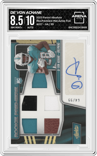 De’Von Achane from the 2023 Panini Absolute set graded by Arena Club and given an overall grade of 8.5.