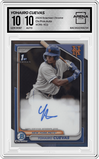 Yohairo Cuevas from the 2024 Bowman Chrome set graded by Arena Club and given an overall grade of 10.