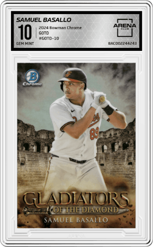Samuel Basallo from the 2024 Bowman Chrome set graded by Arena Club and given an overall grade of 10.