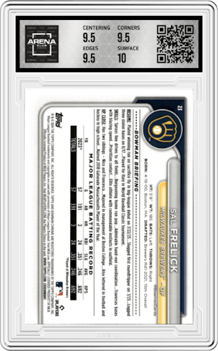 Sal Frelick from the 2024 Bowman Chrome set featuring a Wave Refractor parallel graded by Arena Club and given an overall grade of 10.