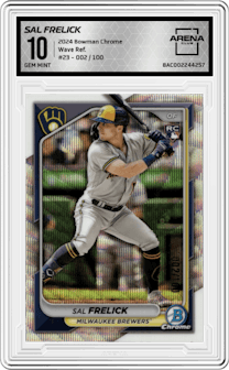 Sal Frelick from the 2024 Bowman Chrome set featuring a Wave Refractor parallel graded by Arena Club and given an overall grade of 10.