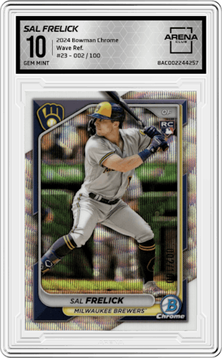 Sal Frelick from the 2024 Bowman Chrome set featuring a Wave Refractor parallel graded by Arena Club and given an overall grade of 10.