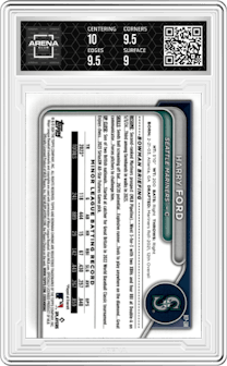 Harry Ford from the 2024 Bowman Chrome set featuring a Purple Shimmer Refractor parallel graded by Arena Club and given an overall grade of 9.5.