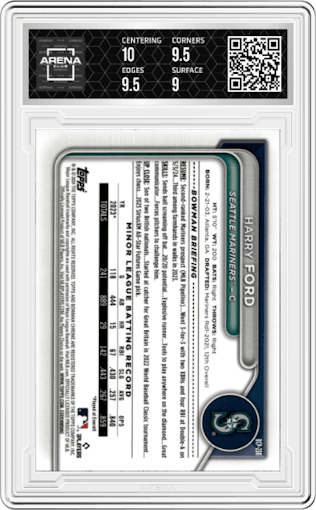 Harry Ford from the 2024 Bowman Chrome set featuring a Purple Shimmer Refractor parallel graded by Arena Club and given an overall grade of 9.5.