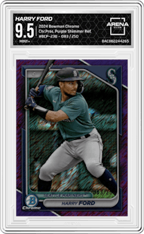 Harry Ford from the 2024 Bowman Chrome set featuring a Purple Shimmer Refractor parallel graded by Arena Club and given an overall grade of 9.5.