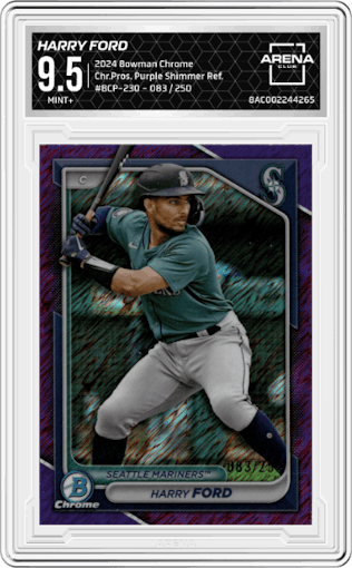 Harry Ford from the 2024 Bowman Chrome set featuring a Purple Shimmer Refractor parallel graded by Arena Club and given an overall grade of 9.5.