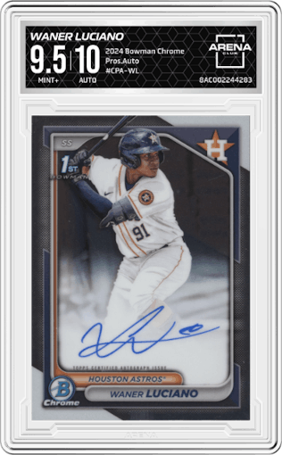 Waner Luciano from the 2024 Bowman Chrome set graded by Arena Club and given an overall grade of 9.5.