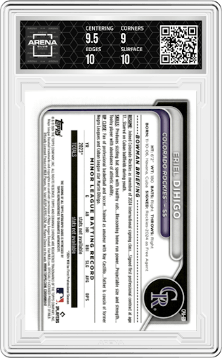 Eriel Dihigo from the 2024 Bowman Chrome set graded by Arena Club and given an overall grade of 9.5.
