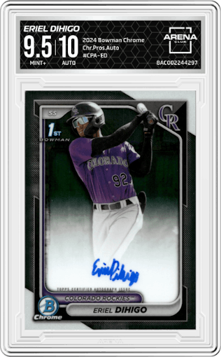 Eriel Dihigo from the 2024 Bowman Chrome set graded by Arena Club and given an overall grade of 9.5.
