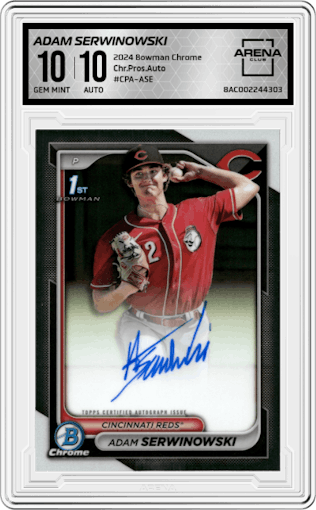 Adam Serwinowski from the 2024 Bowman Chrome set graded by Arena Club and given an overall grade of 10.