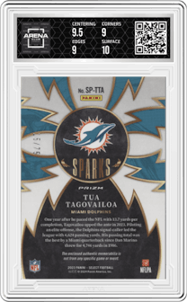 Tua Tagovailoa from the 2023 Panini Select set featuring a White Prizm parallel graded by Arena Club and given an overall grade of 9.5.