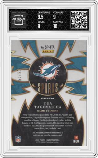 Tua Tagovailoa from the 2023 Panini Select set featuring a White Prizm parallel graded by Arena Club and given an overall grade of 9.5.