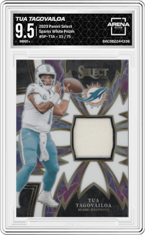 Tua Tagovailoa from the 2023 Panini Select set featuring a White Prizm parallel graded by Arena Club and given an overall grade of 9.5.