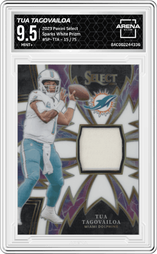 Tua Tagovailoa from the 2023 Panini Select set featuring a White Prizm parallel graded by Arena Club and given an overall grade of 9.5.